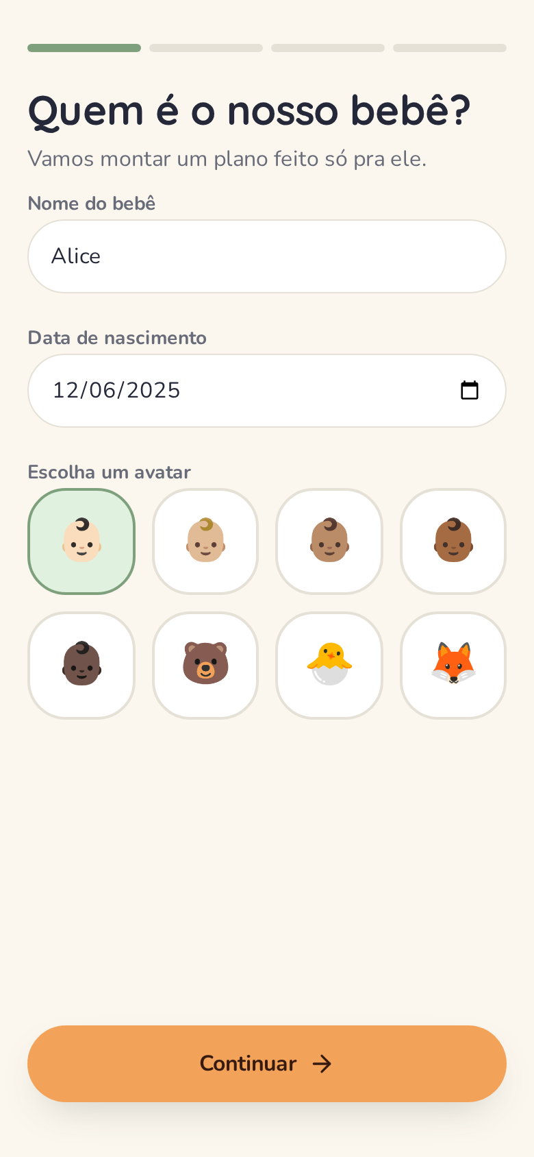 Wizard de cadastro do bebê no app